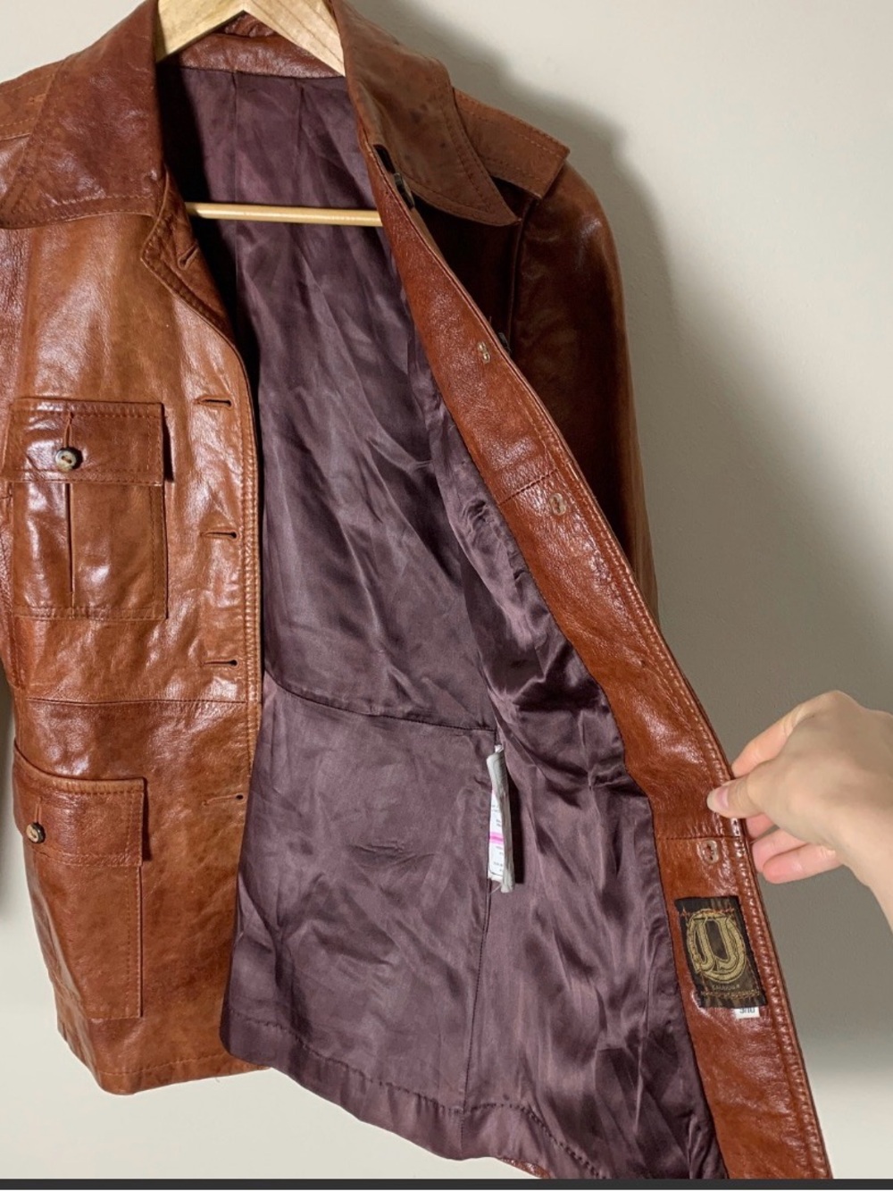 Vintage 70s Cognac Leather Button-Front Jacket - Picture 4 of 9